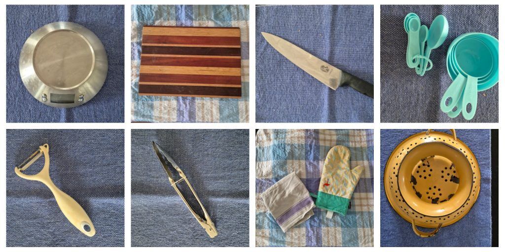 A grid image of essential kitchen utensils. There is a frying pan, wooden spoon, whisk, saucepan, scales, chopping board, knife, meauring spoons and cups, peeler, tongs, oven mits and tea towel, colander, grater, spatula, tongs and baking tray