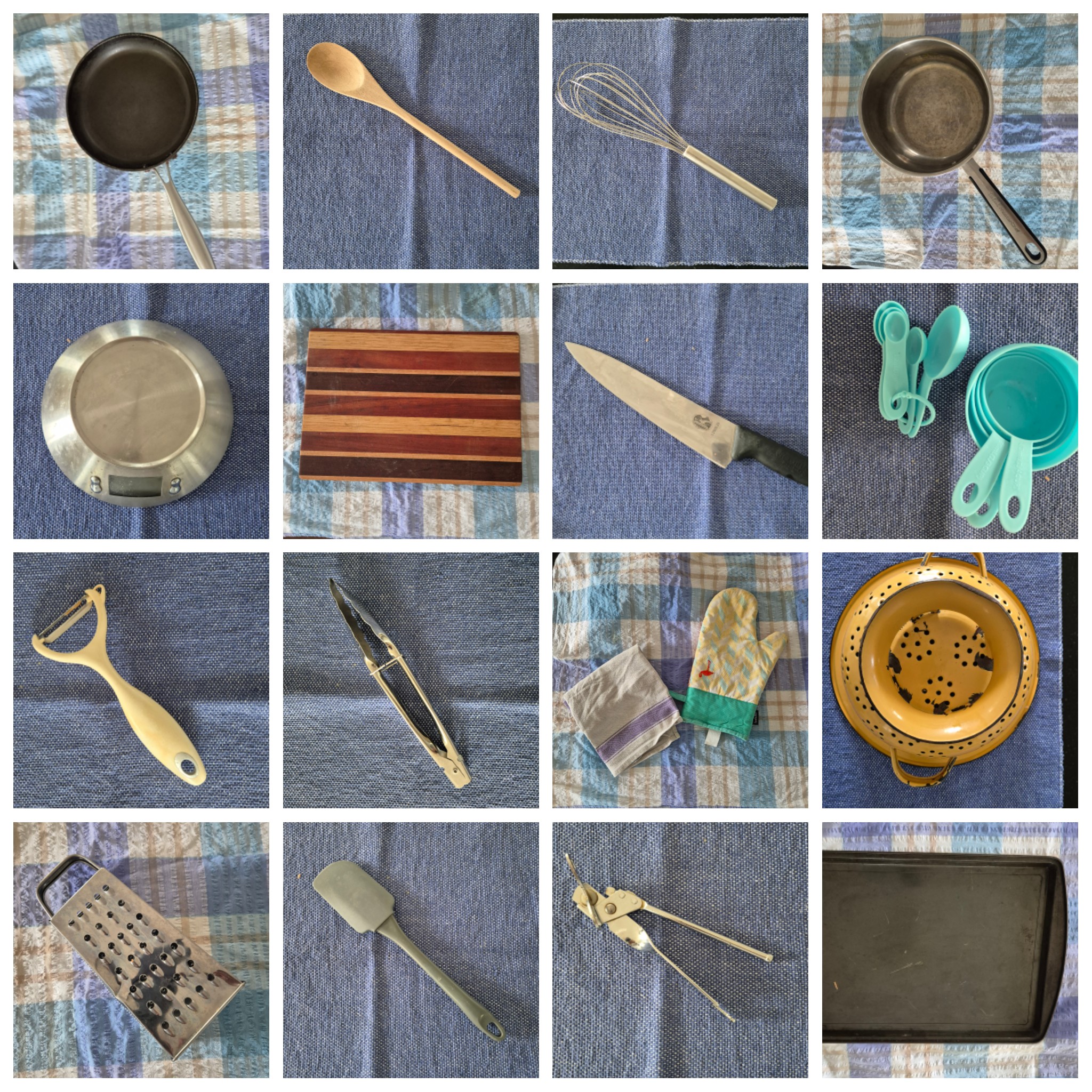 A grid image of essential kitchen utensils. There is a frying pan, wooden spoon, whisk, saucepan, scales, chopping board, knife, meauring spoons and cups, peeler, tongs, oven mits and tea towel, colander, grater, spatula, tongs and baking tray